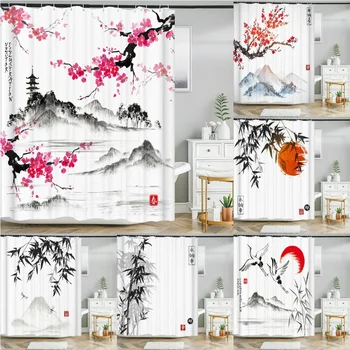 Завеси за душ с цветовете на слива в японски стил, завеса за баня, водоустойчив завеса за баня от полиестер Frabic с куки