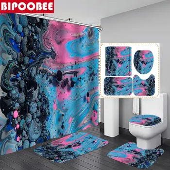 Набор от завеса за душ с акрилни мехурчета, завеси за баня с цветна абстрактна шарка на мастило, постелки за баня, капака на тоалетната чиния, нескользящие подложки