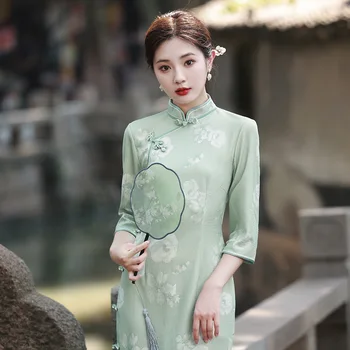 Yourqipao Есен 2023 Ретро Прясна Зелена Фея Литературен Чонсам Елегантно Модно Ципао В Китайски Стил Вечерна Рокля за Жените