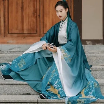Дамски дрехи Hanfu с градиентной зелена бродерия лосове, традиционен комплект Hanfu, китайското ретро рокля, кралят cosplay, танцово рокля