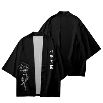 Черно традиционно кимоно с принтом Японски рози, жилетка за cosplay, плаж Хаори, Юката, градинска дрехи, дамски, Мъжки ризи