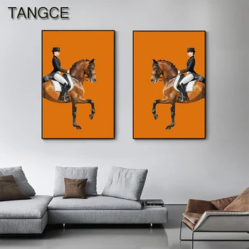 Абстрактна живопис с кон, Кон, платно, артистичен, модерен Оранжев стенен плакат, Стенни картина за хола, Модерен Начало декор, Саудитска