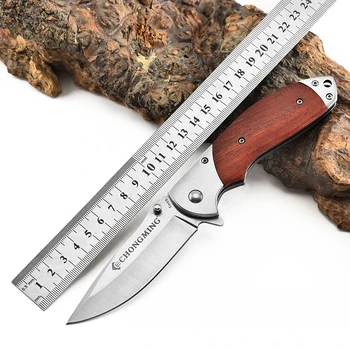 Качествен сгъваем нож с дамасским нож с Дървена дръжка Ловни ножове за оцеляване в къмпинг Тактически открит джобен нож EDC Tools