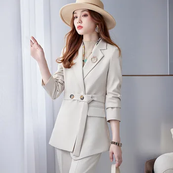 Модерен женски бутиков костюм Slim Fit с дълъг ръкав, комплект от две части, работни униформи, костюми за офиса с бял причините