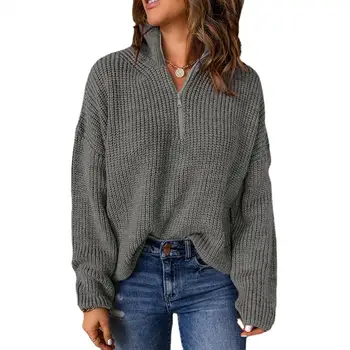 Вязаный пуловер с висока воротом, дамски пуловер с цип с дълъг ръкав, пуловер, монофонични трикотаж, есенна ежедневни модни вязаная облекло