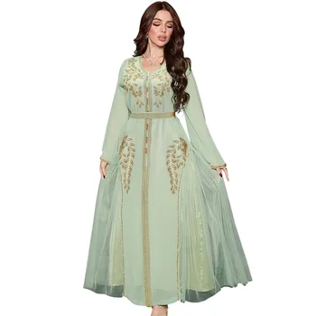 Рокля Абая 2023, Пролетно-лятното Модно мюсюлманската Женствена рокля С V-образно деколте от полиестер, Зелена, Жълта, Лилава, Дълго Мюсюлманската рокля Абая, Дубай, Абая