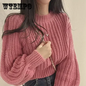 WTEMPO Женски съкратен пуловер с имитация на вратата и дълъг ръкав, пуловер с открити рамене, пуловер с ръкави-фенерче, трикотажный съкратен топ в рубчик