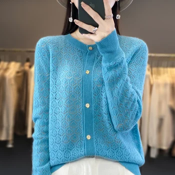 Пролетно-есенен нов вязаный жилетка от 100% вълна, женски обикновен вълнен пуловер с кръгло деколте и дъното на върха на палто