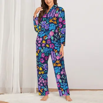 Пижамный комплект с ярки цветове, Сладка пижама с ярки цветове, Дамски Эстетичная Ежедневни пижама от две части с дълъг ръкав, Голям Размер 2XL