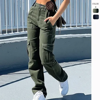 Дамски дънки Карго Елегантни Модни Свободни Спортни за фитнес джоб с копчета Директни дънкови панталони с висока талия Градинска облекло Y2K INS Облекло