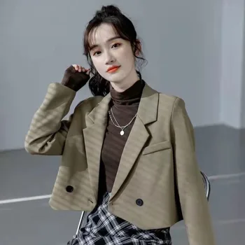 Жена съкратен блейзър 2023, Корейската мода, връхни дрехи с дълъг ръкав, Ежедневни универсални къса блейзери и яка за офис дама