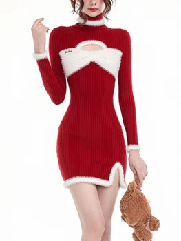 Вязаное Червено Коледна рокля, Нова година 2024, дебнещ Секси Елегантна вечерна мини рокля, дамско Дизайнерско ежедневното Корейска рокля с дълъг ръкав