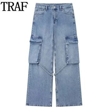 Дънкови панталони-карго TARF, сини дънкови панталони с висока талия, дамски летни спортни панталони, дамски градинска облекло Y2K, широки панталони, женски