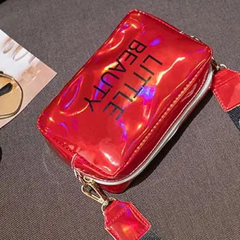 Малка чанта през рамо цвят карамел, PVC, лазерна чанта с букви, квадратна чанта, дамска чанта-месинджър чанта в корейски стил