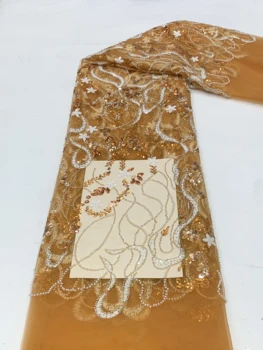 Най-новият лейси плат от мъниста от оранжева Благородна африканска лейси плат от мъниста, ръчно изработени Лейси плат за младоженци Материал Френското сетчатое дантела