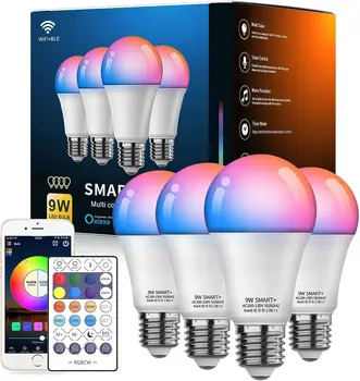 Интелигентни електрически Крушки A19 E26 /E27 9 W, с Променящ се цвят Led Крушка, Wi-Fi и Bluetooth, 5,0, Топло или студено Бяло, без слънце Умни лампи RGB