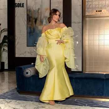 Пятислойное луксозна вечерна рокля с кръгло деколте и перли в Дубай арабски стил, 2023, Русалка, с дълги буйни ръкави, вечерна рокля за абитуриентски бал, сватба рокля за жените
