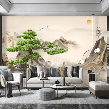 Тапети-стенопис по поръчка на всякакви размери, китайски листа борови дървета, цветя и птици, филтър за стени, хол, телевизор, диван, тапети за декориране на дома