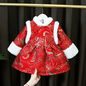 Детски дрехи, кадифена топла костюм червен цвят за момичета, зимата традиционно китайското коледна рокля на принцеса Hanfu, детски Чонсам