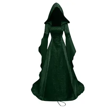 Възрастен костюм на вампир на Хелоуин в средновековния ретро готически стил, hoody с качулка, Дълга пола Вещици, Луксозно секси вечерна рокля, cosplay