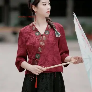 Костюм в стил ретро тан с цветна бродерия 2024 г., сатен блуза, традиционната китайска реколта яке hanfu, етнически жилетка с v-образно деколте