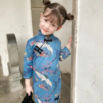 Китайските Традиционни рокли за момичета от велур Ханфу с дълъг ръкав, Ретро син костюм Тан с принтом Принцеса