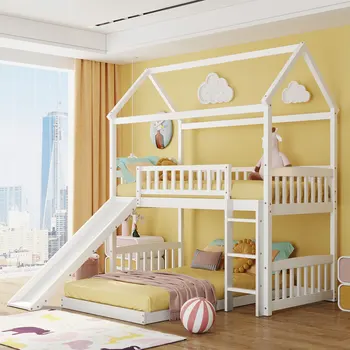 Бяла спалня за дома, дървено легло с две чекмеджета, идеална за детска стая