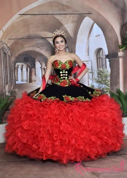 Червени рокли Charro Quinceanera, Бална рокля, апликации от органза, къдри, Буйна Мексико сладост, 16 рокли, 15 Anos