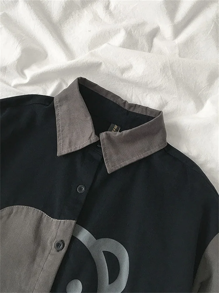 Тениска с изображение на мечка, мъжки ежедневни Свободна блуза с ревери в контрастен цвят с анимационни принтом, дълъг ръкав, Дамски спретнати ризи с главни букви . ' - ' . 2