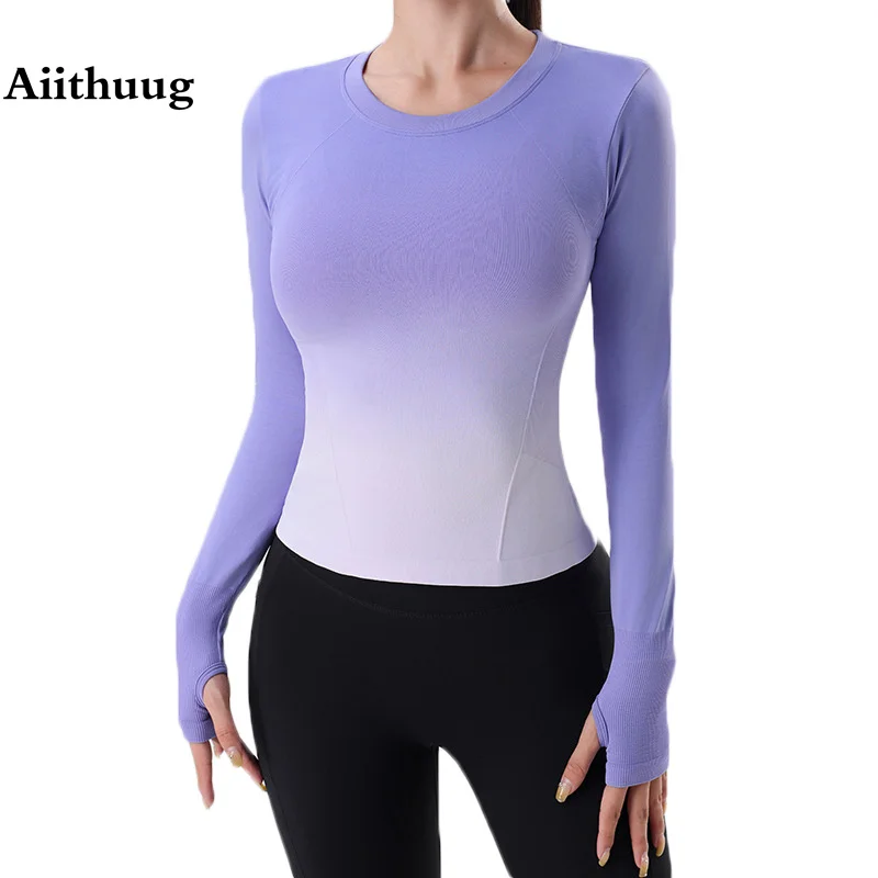 Aiithuug Наклон цвят Еластични спортни ризи Slim Fit за йога с дълъг ръкав и отвор за палеца Фитнес тренировка е По-тънка линия на талията Спортни . ' - ' . 0