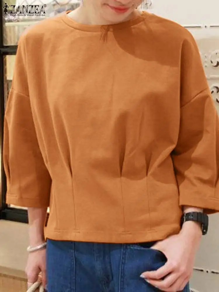 ZANZEA, Есента ретро пуловер с дълъг ръкав, дамски ежедневни однотонная блуза, Модерни офис качулки OL, Дамски свободна риза с кръгло деколте . ' - ' . 0