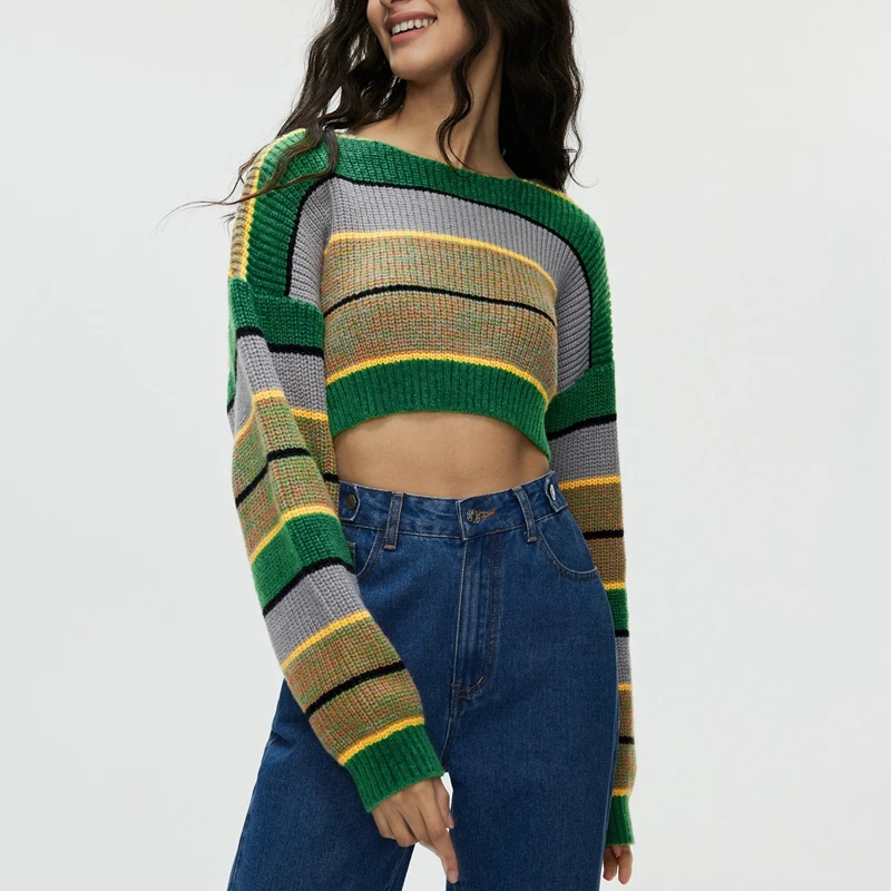 2023, Нов модерен Зелен пуловер райе в стил мозайка, Къса пуловер с кръгло деколте и дълъг ръкав, дамски Топли зимни възли джъмпери, градинска облекло . ' - ' . 1