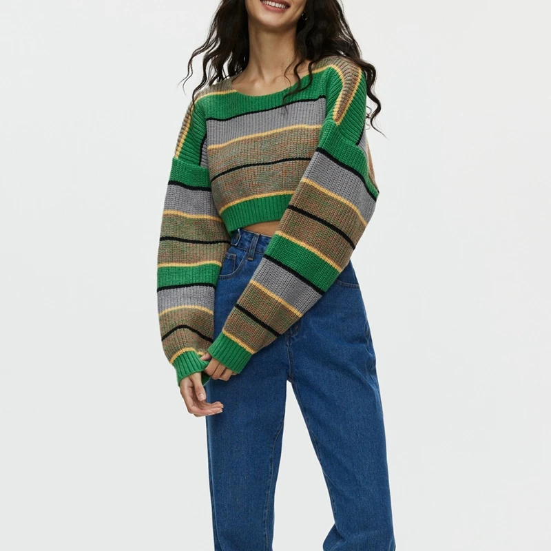 2023, Нов модерен Зелен пуловер райе в стил мозайка, Къса пуловер с кръгло деколте и дълъг ръкав, дамски Топли зимни възли джъмпери, градинска облекло . ' - ' . 4