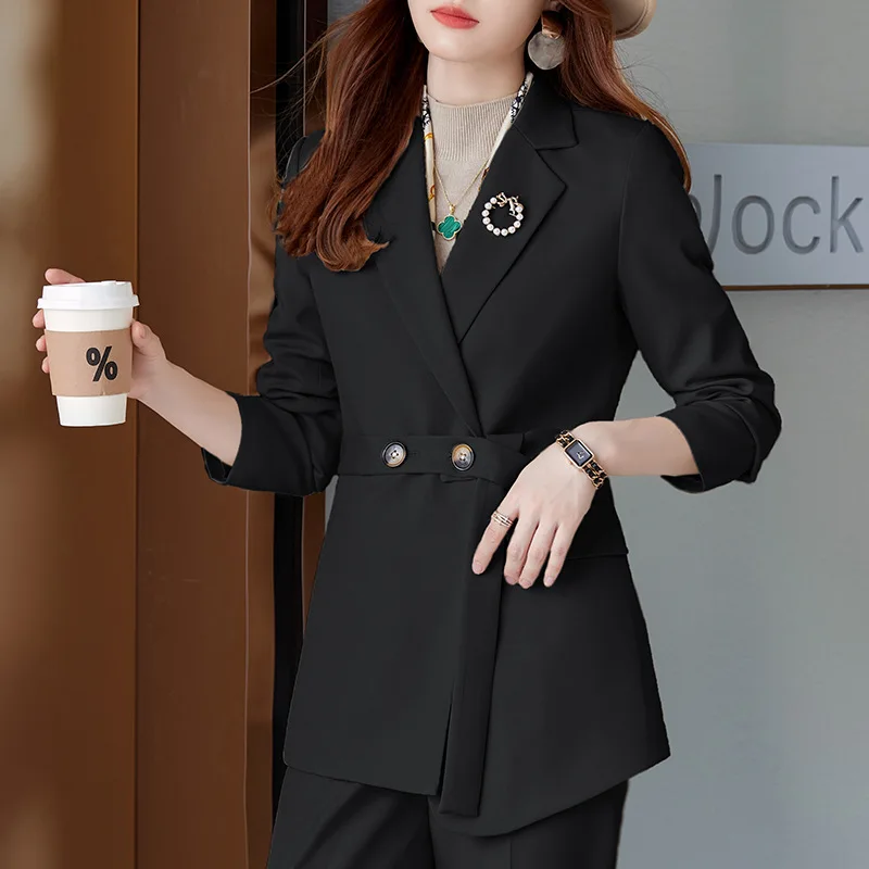 Модерен женски бутиков костюм Slim Fit с дълъг ръкав, комплект от две части, работни униформи, костюми за офиса с бял причините . ' - ' . 2