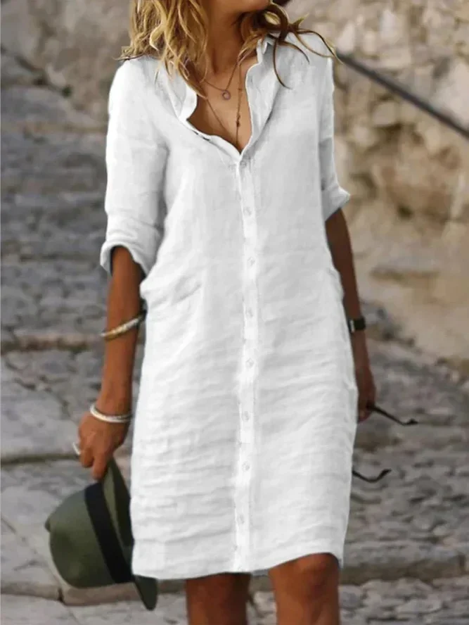 Пролетта женствена рокля от памук и лен, 2024, Бели елегантни рокли-ризи с дълъг ръкав, дамски модни Пролетно ежедневни облекла, дама . ' - ' . 2