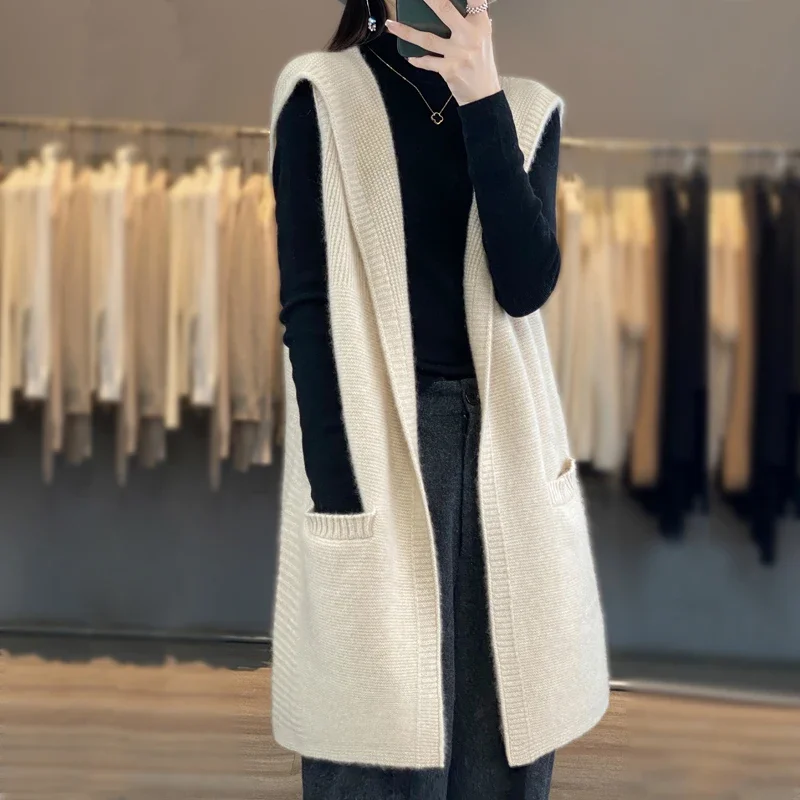 23 Женски пуловер нов стил, есенно-зимния гъст дълга козина, жена с жилетка, яке без ръкави с качулка, жилетка, вязаный топ от 100% вълна . ' - ' . 0