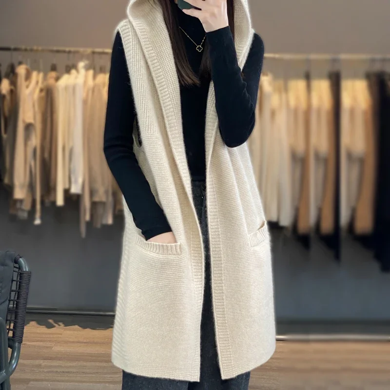 23 Женски пуловер нов стил, есенно-зимния гъст дълга козина, жена с жилетка, яке без ръкави с качулка, жилетка, вязаный топ от 100% вълна . ' - ' . 1