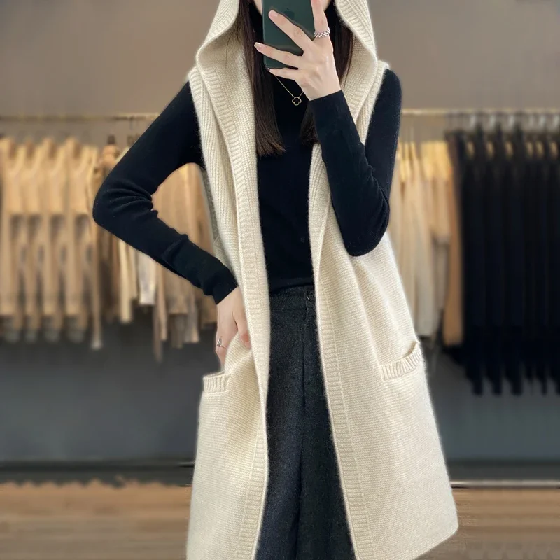 23 Женски пуловер нов стил, есенно-зимния гъст дълга козина, жена с жилетка, яке без ръкави с качулка, жилетка, вязаный топ от 100% вълна . ' - ' . 2