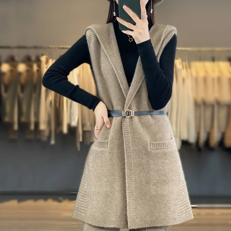 23 Женски пуловер нов стил, есенно-зимния гъст дълга козина, жена с жилетка, яке без ръкави с качулка, жилетка, вязаный топ от 100% вълна . ' - ' . 4