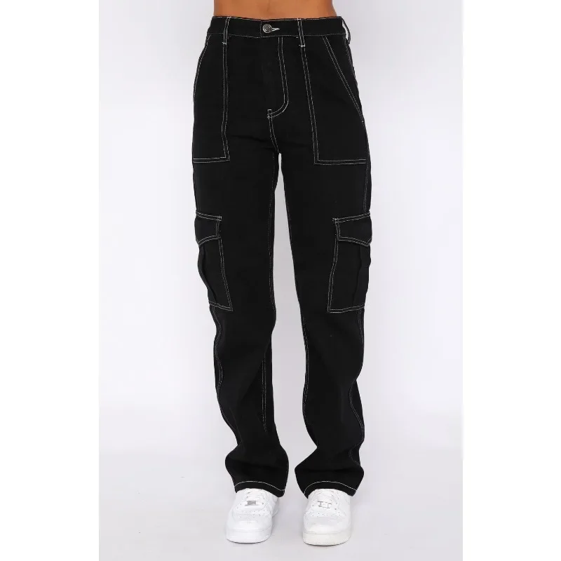 Дамски дънки Карго Елегантни Модни Свободни Спортни за фитнес джоб с копчета Директни дънкови панталони с висока талия Градинска облекло Y2K INS Облекло . ' - ' . 1