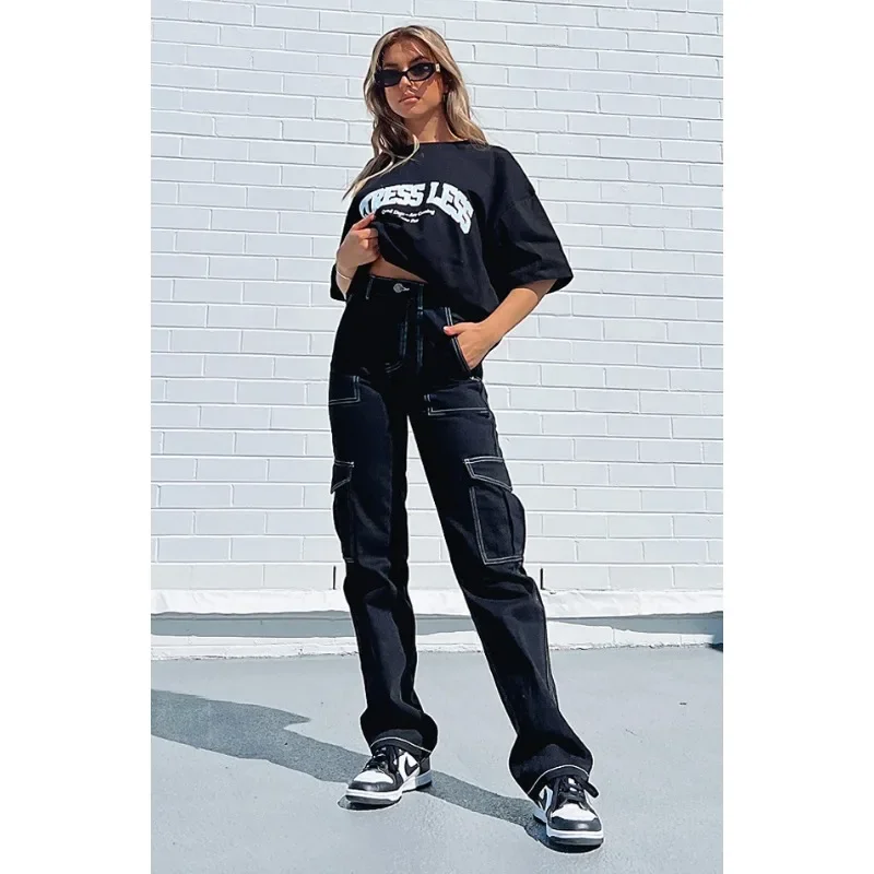 Дамски дънки Карго Елегантни Модни Свободни Спортни за фитнес джоб с копчета Директни дънкови панталони с висока талия Градинска облекло Y2K INS Облекло . ' - ' . 5